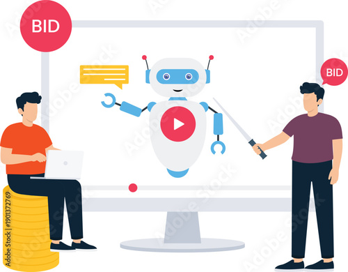 AI robot business presentation automated bidding financial technology machine learning digital marketing data analysis online trading computer screen two men