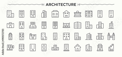 Architecture line icon set. Contain linear symbols home, blueprint, measurement, house, architectural and more. Engineering icon set. Editable stroke. Vector collection.