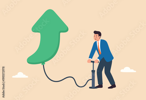 Growing business, raising income or wages, growth or improvement, increase price, interest rate or inflation, rising , businessman inflate air pump into floating green arrow up.