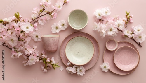 \nPastel pink tableware with spring flowers