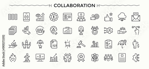 Collaboration icon set. Thin icons set. Strategy icon set. Contains outline symbols like objective, act, schedule, goal, task and more.