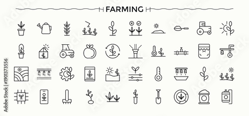 Farming icon set. Harvest icon. Minimalist vector collections. Included farmer, garden, plantation, farm, agronomy and more. Editable vector art.