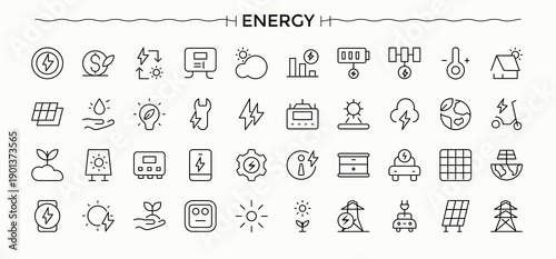 Energy icon set. Minimalist linear icons. Battery icon collection. Contains such symbols as electricity, charger, recharge, batteries, power and more.