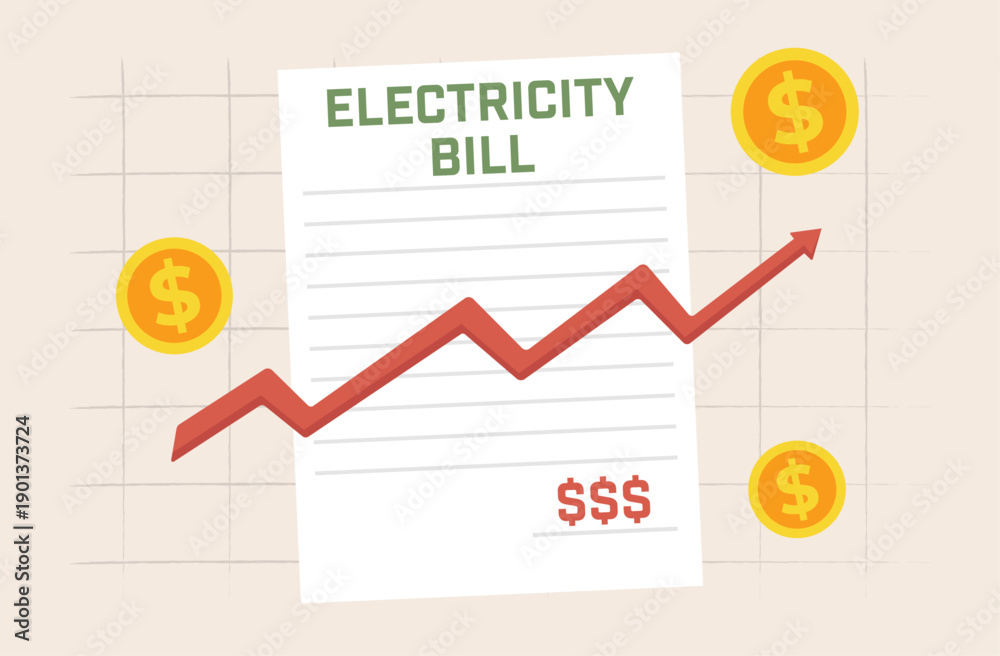 Obraz premium Rising electricity bill costs illustrated with graph and coins.