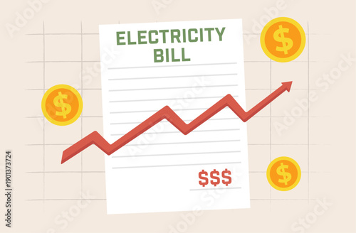 Rising electricity bill costs illustrated with graph and coins.