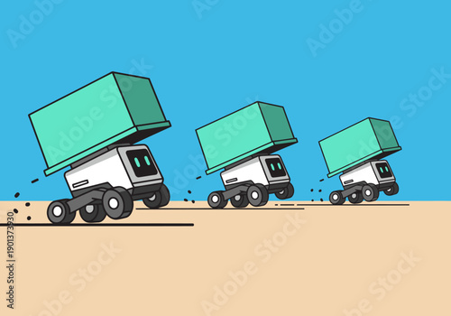 A fleet of robot delivery vehicles transports packages across a sandy landscape. Modern, graphic style. Ideal for business and logistics visuals.