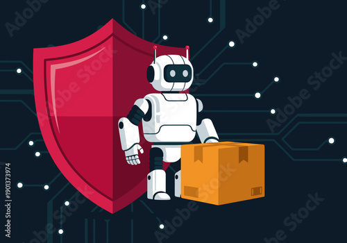 A futuristic robot delivers a package, protected by a shield on a circuit board background. Secure delivery, robot protection concept. Modern, digital illustration.