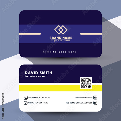 Modern and professional business card design with a clean layout and warm brown color palette.
Business card design with yellow and dark blue color scheme.