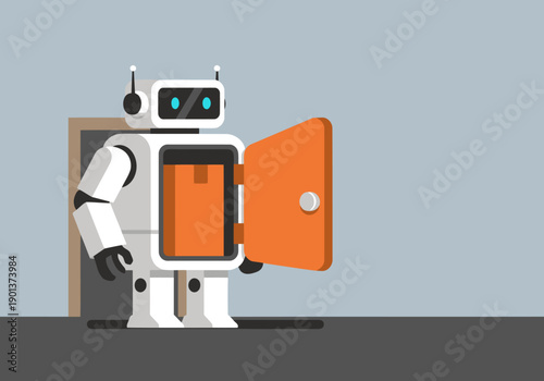 A friendly robot delivers a package through an open door. Modern, flat design illustration. Perfect for e-commerce and delivery concepts.