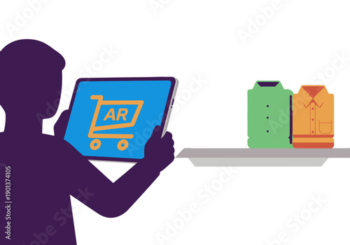 A young man uses augmented reality on a tablet to virtually try on shirts. Modern, digital retail concept. Bright, clean, and engaging visual.