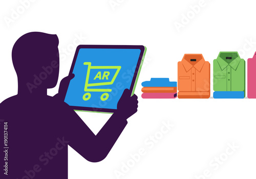 A man uses augmented reality to shop for clothes on a tablet. Vibrant clothing display behind him. Illustrates phygital retail smart shopping.