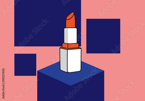 A modern makeup lipstick on a pedestal, set against a geometric background. Bold colors and clean lines create a striking branding logo design.