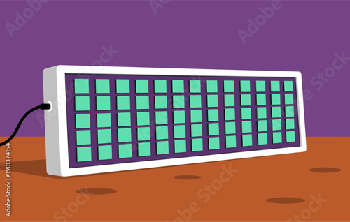 A modern LED panel grow light sits on a table, showcasing its grid-like design. Clean, bright, and ready for commercial use. Focus on technology and plant growth.