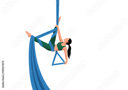 A woman performs aerial silks acrobatics yoga, suspended in a dynamic pose. Vibrant blues and greens create a visually striking image for fitness and wellness content.