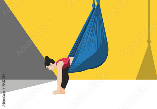 A woman performs an aerial yoga pose with a silk hammock. Dynamic, vibrant, and visually engaging, perfect for fitness and wellness content.