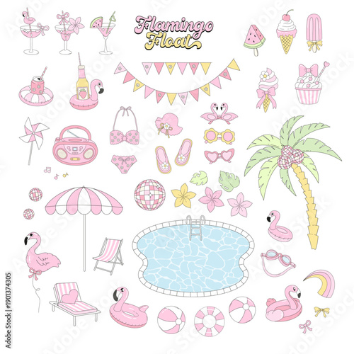 Pink Flamingo Pool Party Summer Elements Set with Beach Accessories, Drinks, Ice Cream and Tropical Decor Illustration