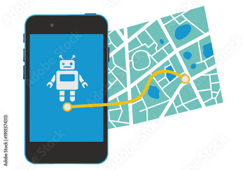 A smartphone displays a robot navigating a map. Modern, digital concept. Ideal for tech, navigation, and robotics visuals.