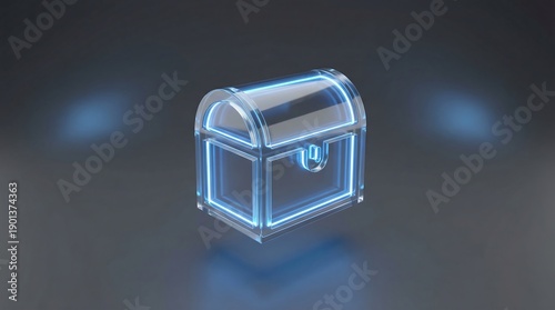 Glowing blue transparent treasure chest with neon light on dark background rendering