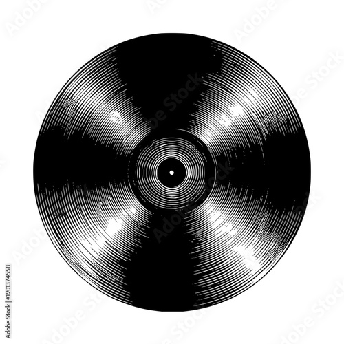 Vintage vinyl record illustration with detailed grooves and a central label design showing texture and pattern 100