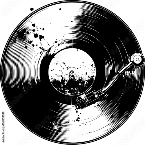 Vinyl record with turntable arm and splatter design creating a vintage music illustration style look