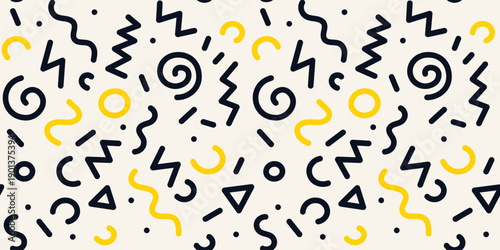 Abstract seamless pattern of hand-drawn playful line and shapes. Vector organic leaves, vibrant dot spots in bold colors. Naive art style design. Abstract background