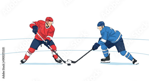 Ice hockey players in action, vector illustration of two athletes competing with hockey sticks and puck on ice rink isolated on White Background