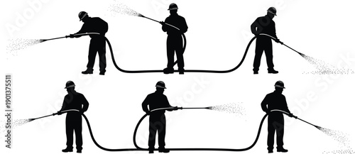Firefighter silhouette set with hose spraying water, rescue worker action poses, emergency service vector illustration collection pack