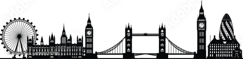London skyline silhouette vector, famous city landmarks panorama with bridge wheel clock tower and modern buildings isolated illustration set