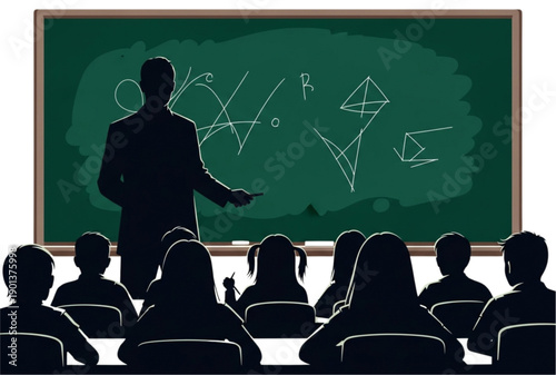 Businessman teaching finance graphs on chalkboard to students, classroom scene vector illustration for presentation or website