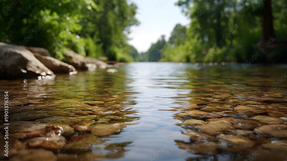Fototapeta premium A clear river flows over smooth stones in the bright sunlight surrounded by lush green nature