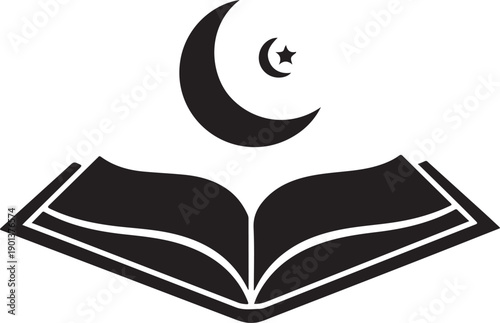 Divine Guidance: A stylized depiction of an open book, symbolizing sacred text, is crowned by a crescent moon and star, representing faith and guidance.