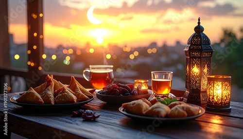 Traditional ramadan iftar meal setup with samosas dates and tea on a wooden table during sunset with ornate lanterns creating a warm ambiance for breaking the fast.
