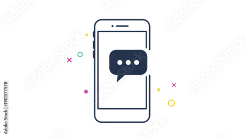 Modern smartphone device displaying a dark speech bubble icon with three dots on the screen for a messaging app concept.