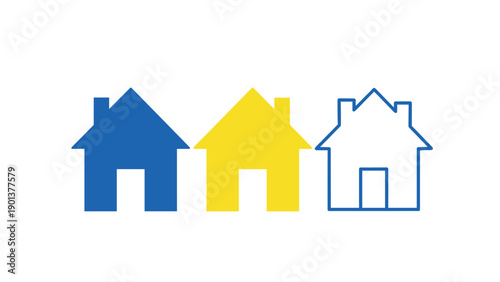 Three simple house icons in blue and yellow colors symbolize residential property, real estate, and professional home building.