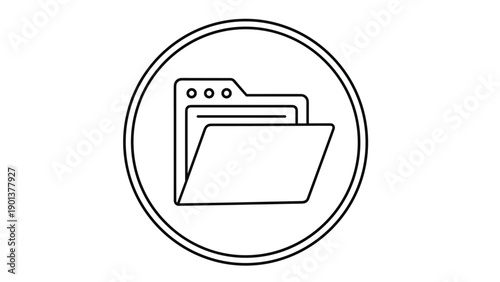 Folder icon containing a document inside a circular frame represents modern file organization and digital data storage.