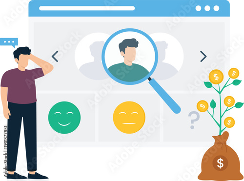 Man analyzing customer profiles searching target audience for business growth investment decisions showing user experience financial success recruitment process flat design vector art