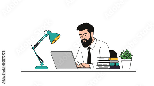 Professional man with a beard sits at a desk working on a laptop with a lamp and books in a quiet comfortable workspace.
