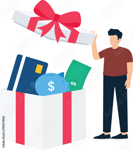 financial gift, gift box, piggy bank, credit card, cash money, financial bonus, man opening, savings concept, reward program, wealth management