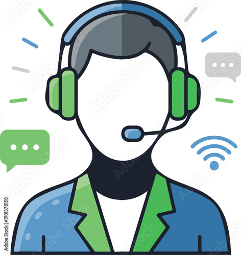 Customer Service Representative Avatar with Headset and Support Icons, Flat Vector Illustration