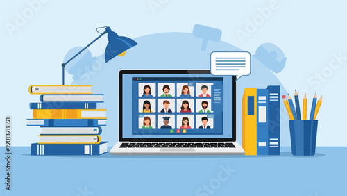 Laptop on a desk shows a video conference call with multiple people in a productive modern remote work environment.