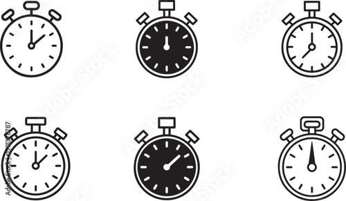 Stopwatch timing icon set vector line art, clock alarm pictogram, countdown timer icons