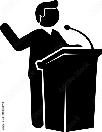 Speaker at podium icon silhouette of a person giving a presentation or speech simple vector graphic for communication and business concepts