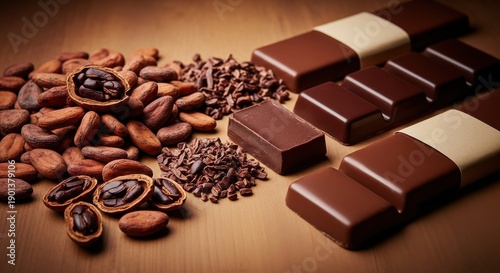 Cocoa beans and chocolate bars on wooden table for confectionery and dessert ingredients
