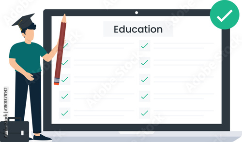 Student graduate online education academic success learning checklist digital learning e-learning concept graduation cap successful completion study progress laptop screen