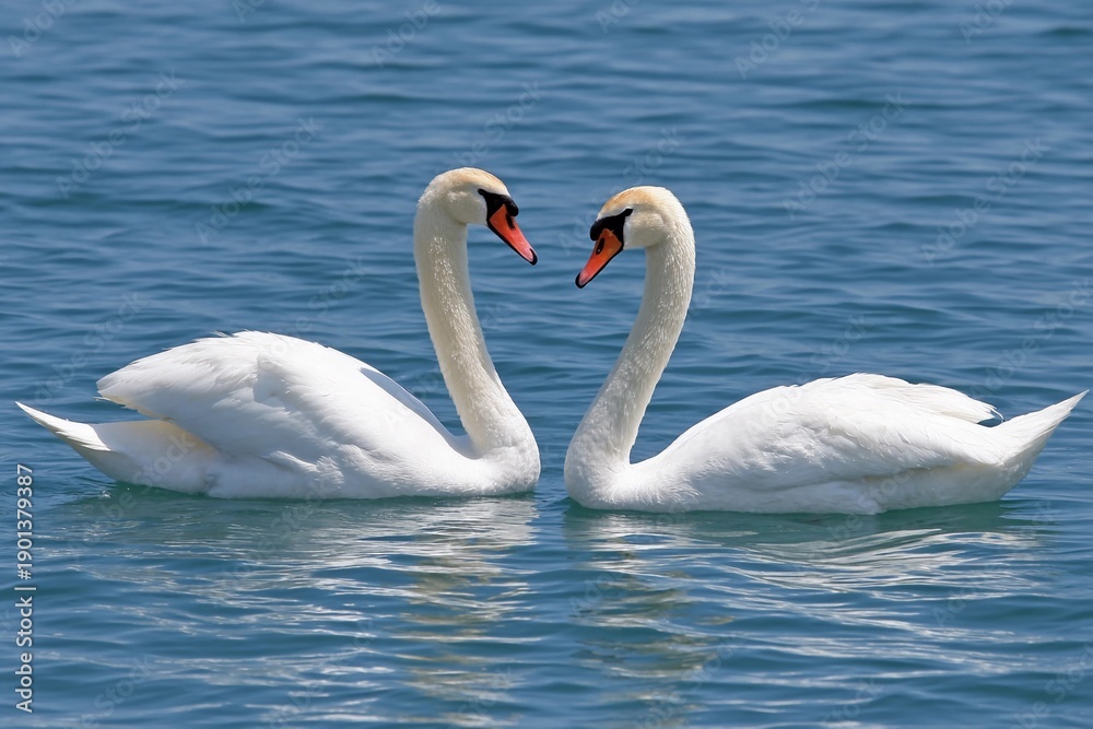 Fototapeta premium Swans swim together in clear blue water