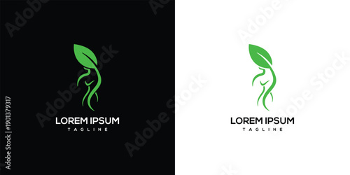 Nature Woman Logo Green Leaf Silhouette and Body Shape.