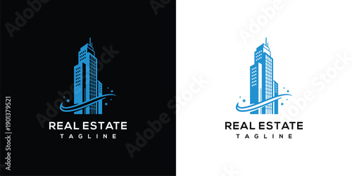 Real Estate Logo Modern Skyscraper Building with Blue Swoosh.
