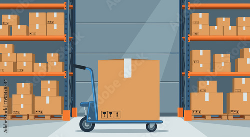 Warehouse storage and shipping illustration with a hand truck carrying a box in a logistics facility