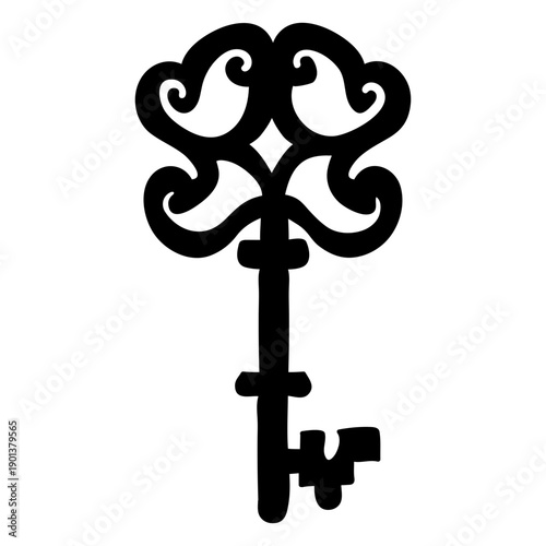 Hand drawn swirl ornate key silhouette