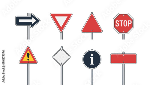 Selection of various road traffic signs including stop, yield, and warning symbols for driver safety information.
